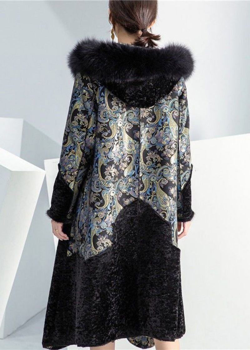 Plus Size Black Fox Krage Patchwork Slitasje På Begge Sider Cashmere Coat Vinter - Vinterfrakker for kvinner