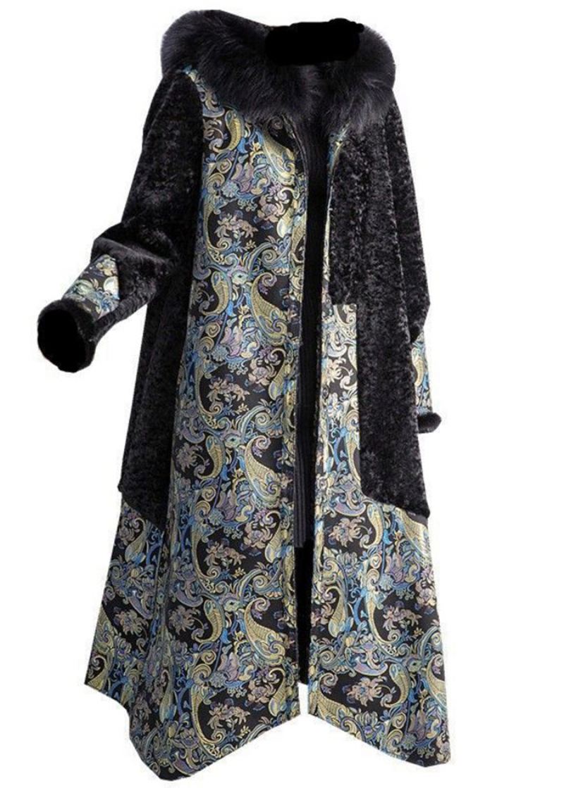 Plus Size Black Fox Krage Patchwork Slitasje På Begge Sider Cashmere Coat Vinter - Vinterfrakker for kvinner