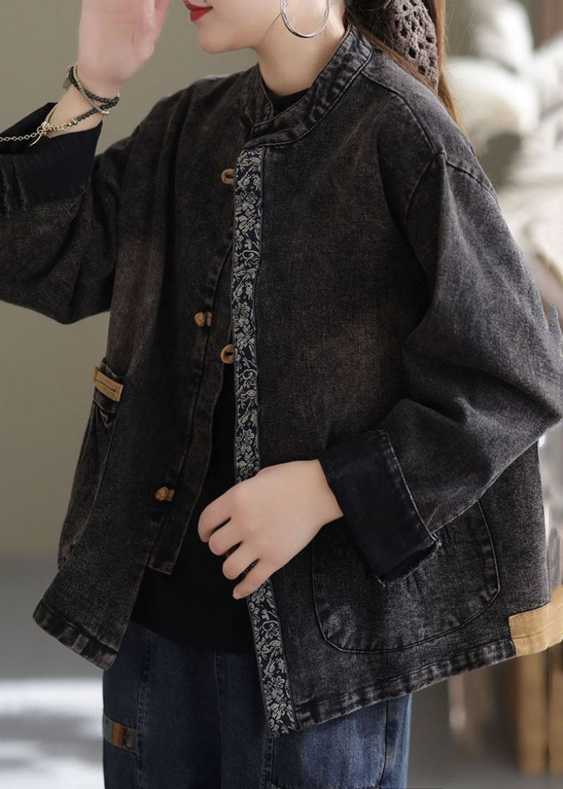 Plus Size Black Oversized Lommer Patchwork Cotton Denim Coats Høst - Svart