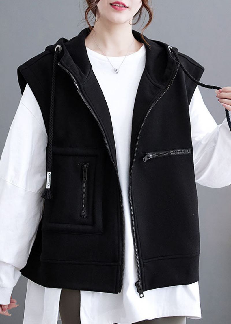 Plus Size Black Patchwork Lommer Hettegenser Vest