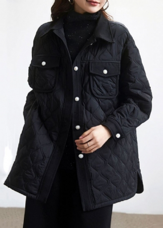 Plus Size Black Peter Pan Krage Button Cotton Fylt Coat Langermet