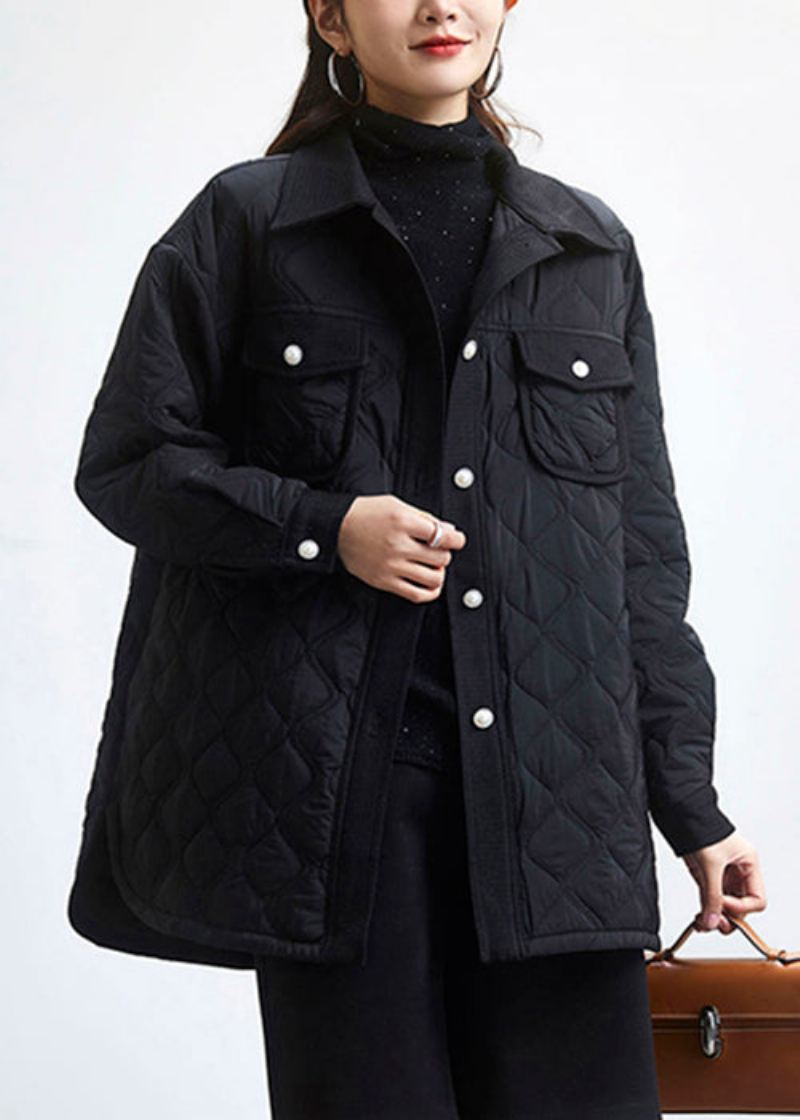 Plus Size Black Peter Pan Krage Button Cotton Fylt Coat Langermet - Vinterfrakker for kvinner