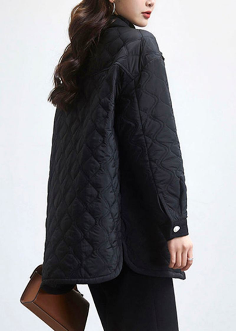 Plus Size Black Peter Pan Krage Button Cotton Fylt Coat Langermet - Vinterfrakker for kvinner