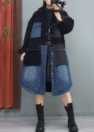 Plus Size Black Peter Pan Kragelommer Patchwork Coat Fall