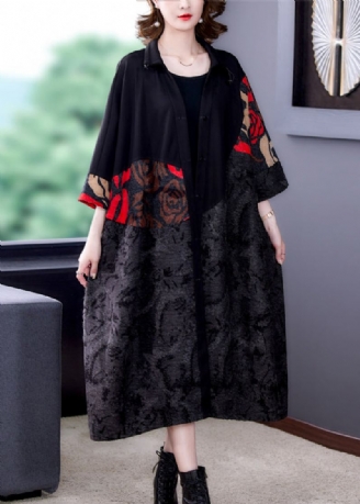 Plus Size Black Print Button Patchwork Cotton Lange Kåper Høst