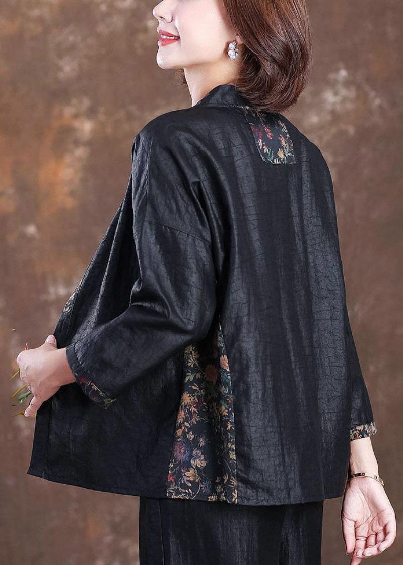 Plus Size Black Stand Krage Rynket Patchwork Silk Coats Armbånd Sleeve - Vinterfrakker for kvinner