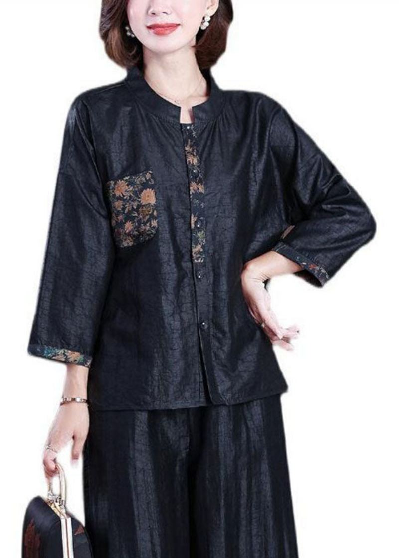 Plus Size Black Stand Krage Rynket Patchwork Silk Coats Armbånd Sleeve - Vinterfrakker for kvinner