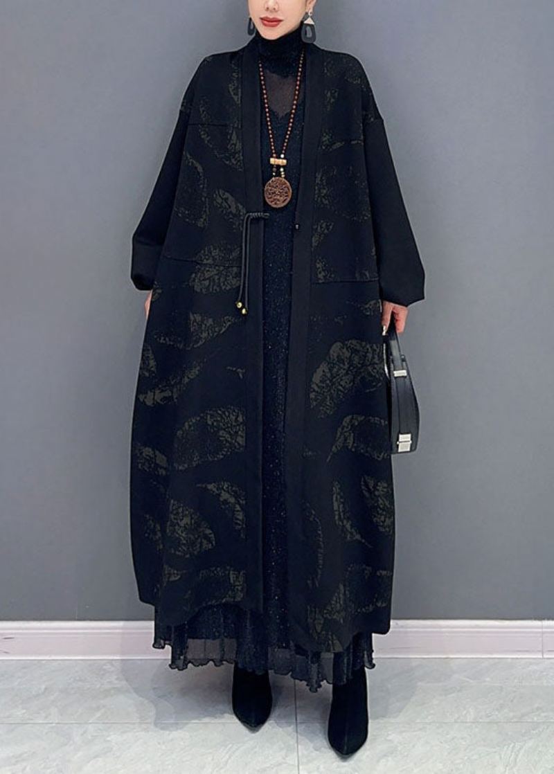 Plus Size Black V-hals Print Button Maxi Coat Fall