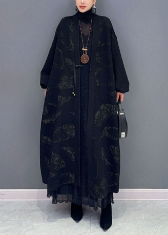 Plus Size Black V-hals Print Button Maxi Coat Fall