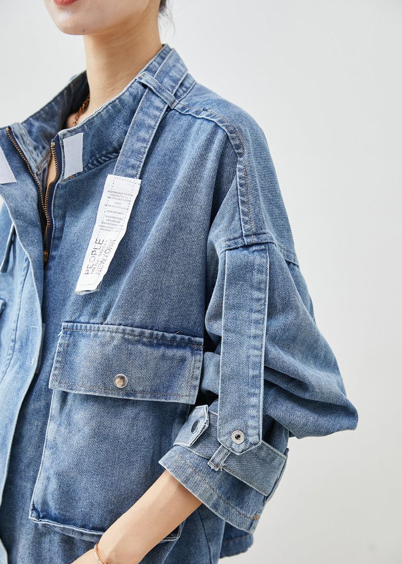 Plus Size Blue Oversized Lommer Denim Coat Fall - Vinterfrakker for kvinner