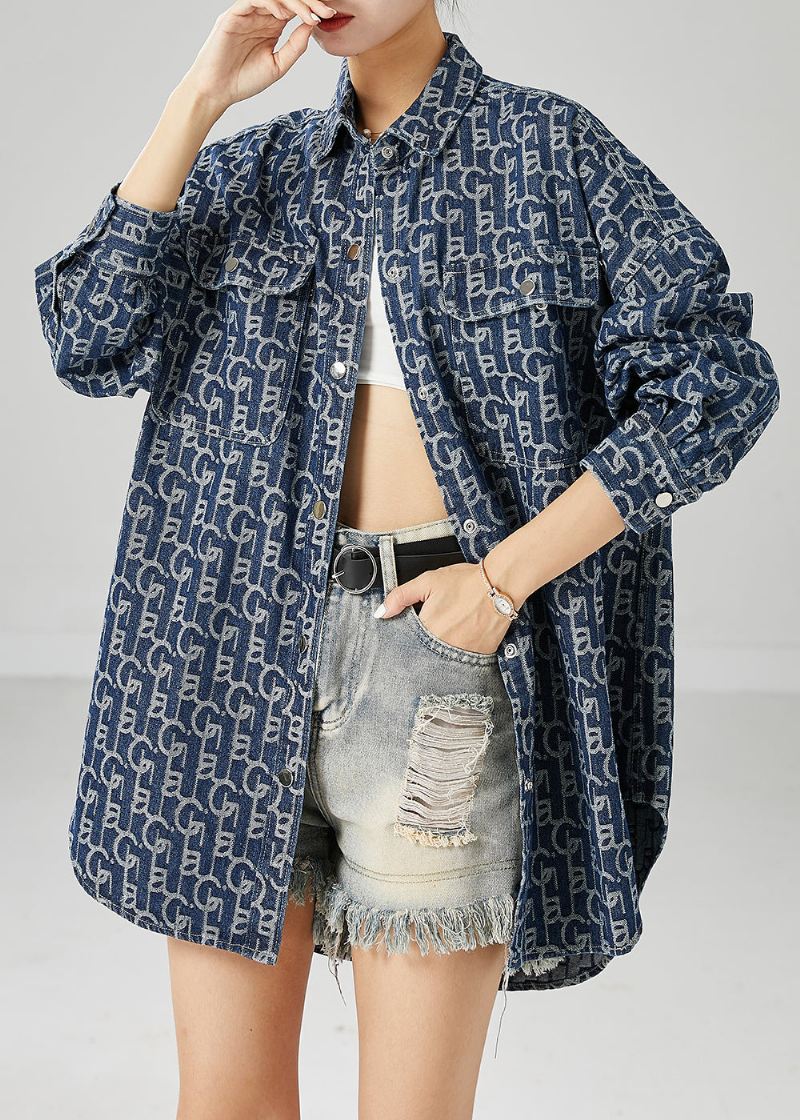 Plus Size Blue Oversized Print Denim Coat Outwear Høst