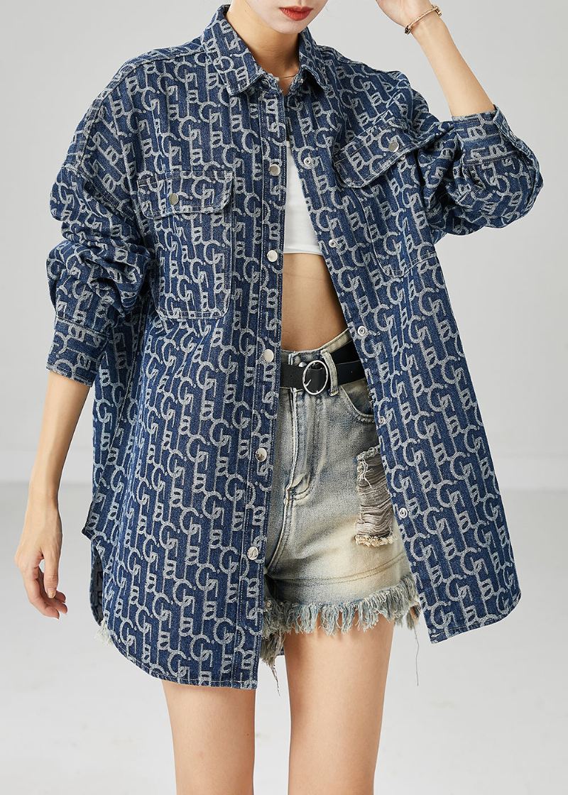 Plus Size Blue Oversized Print Denim Coat Outwear Høst - Vinterfrakker for kvinner