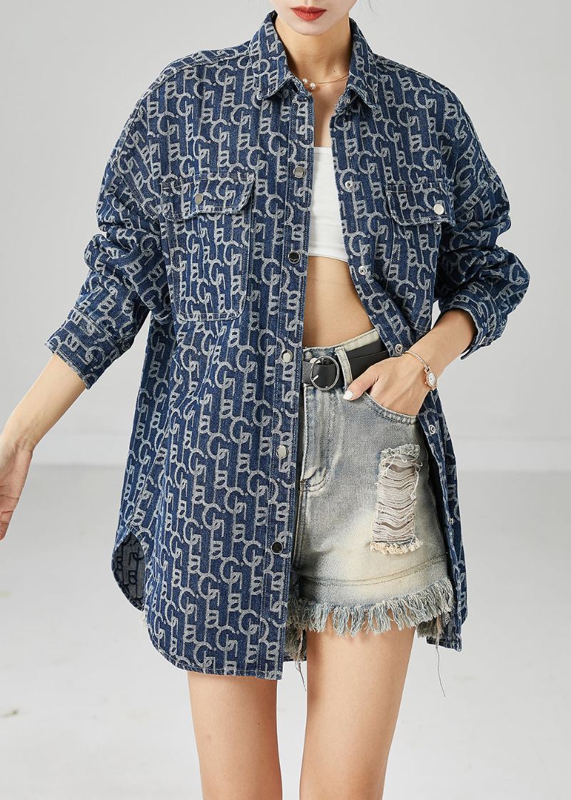 Plus Size Blue Oversized Print Denim Coat Outwear Høst - Vinterfrakker for kvinner