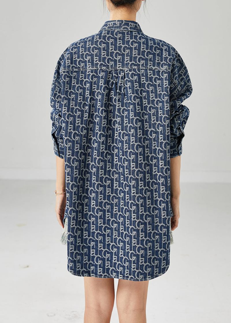 Plus Size Blue Oversized Print Denim Coat Outwear Høst - Vinterfrakker for kvinner