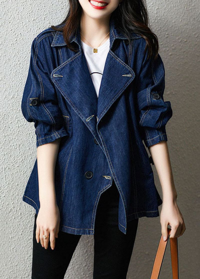 Plus Size Blue Peter Pan Kragelommer Snøring Patchwork Denim Coat Fall