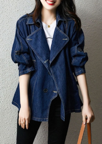 Plus Size Blue Peter Pan Kragelommer Snøring Patchwork Denim Coat Fall