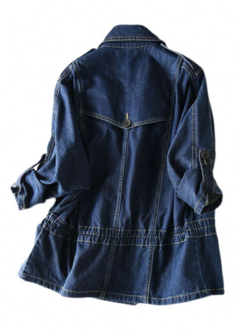 Plus Size Blue Peter Pan Kragelommer Snøring Patchwork Denim Coat Fall - Vinterfrakker for kvinner