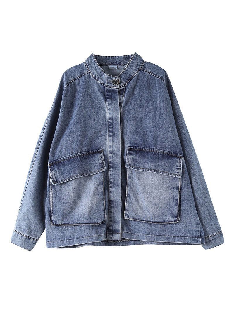 Plus Size Blue Stand Collar Patchwork Button Denim Coats Langermet - Vinterfrakker for kvinner