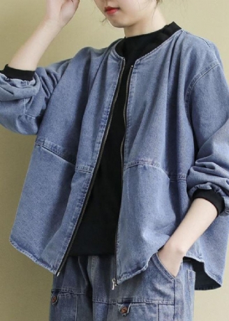 Plus Size Blue Stand Collar Patchwork Cotton Denim Coats Høst