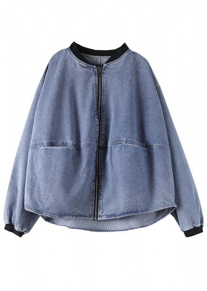 Plus Size Blue Stand Collar Patchwork Cotton Denim Coats Høst - Vinterfrakker for kvinner