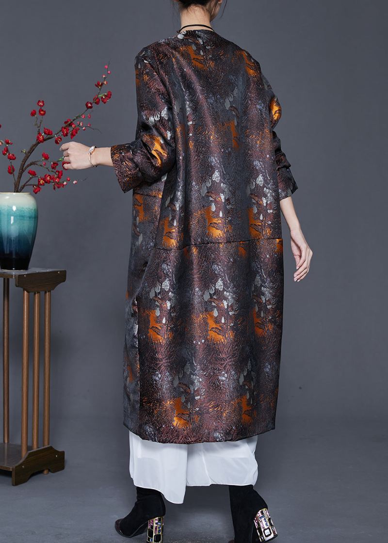 Plus Size Brown Oversized Print Bomullsfylt Silkefrakk Yttertøy Vår - Vinterfrakker for kvinner