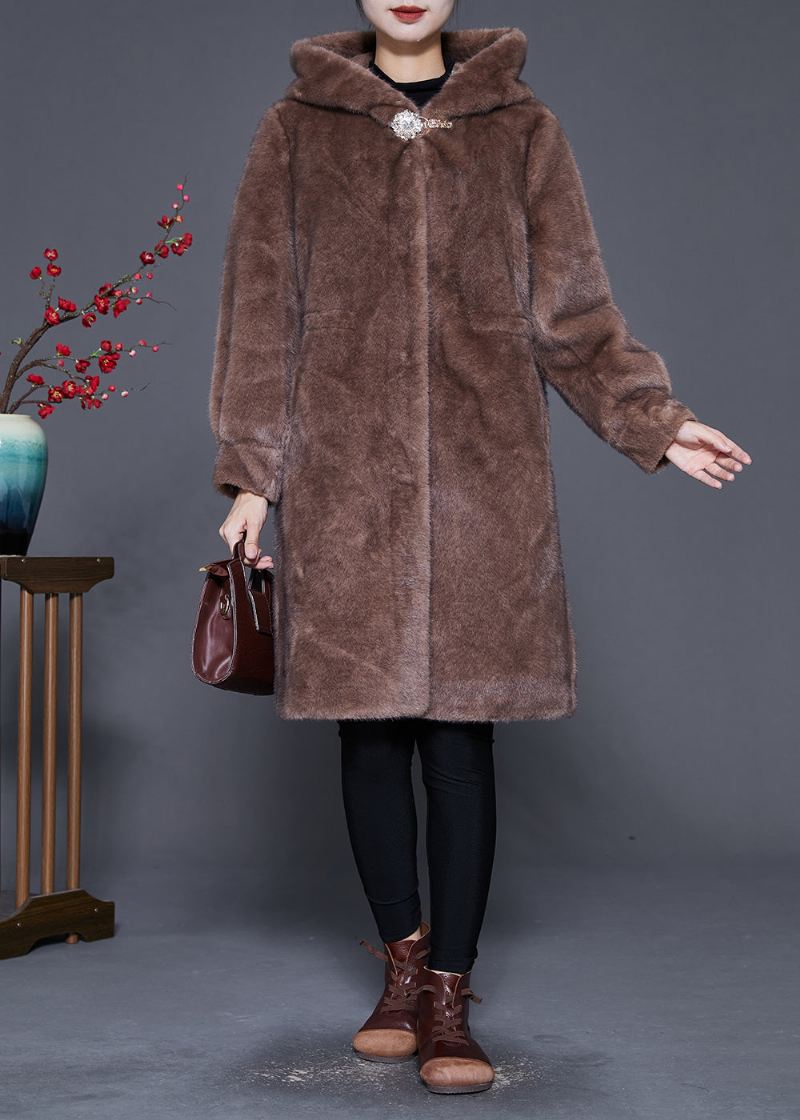 Plus Size Coffee Hette Varm Mink Velvet Coat Yttertøy Vinter - Vinterfrakker for kvinner