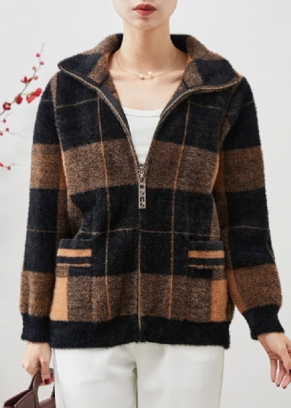 Plus Size Colorblock Zip Up Plaid Mink Velvet Coats Spring