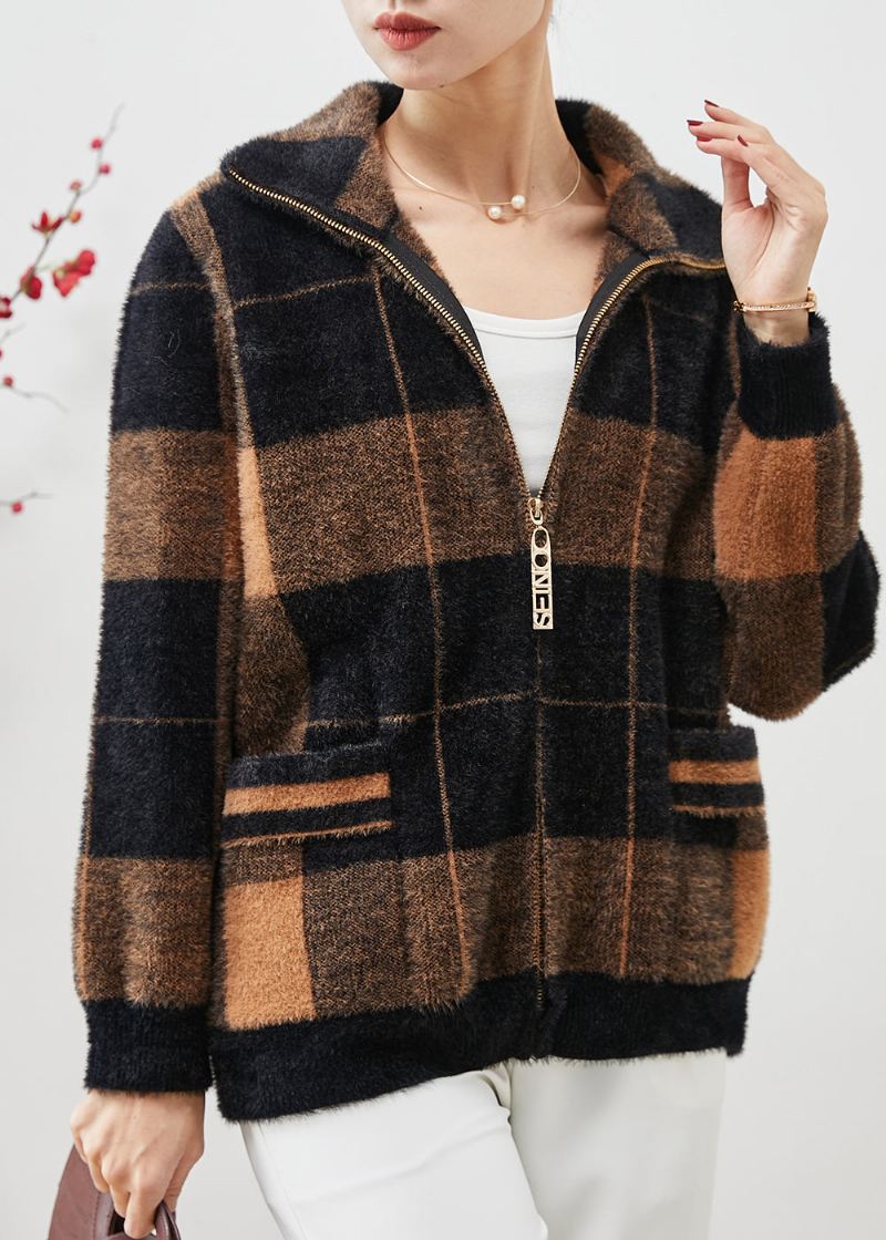 Plus Size Colorblock Zip Up Plaid Mink Velvet Coats Spring - Vinterfrakker for kvinner