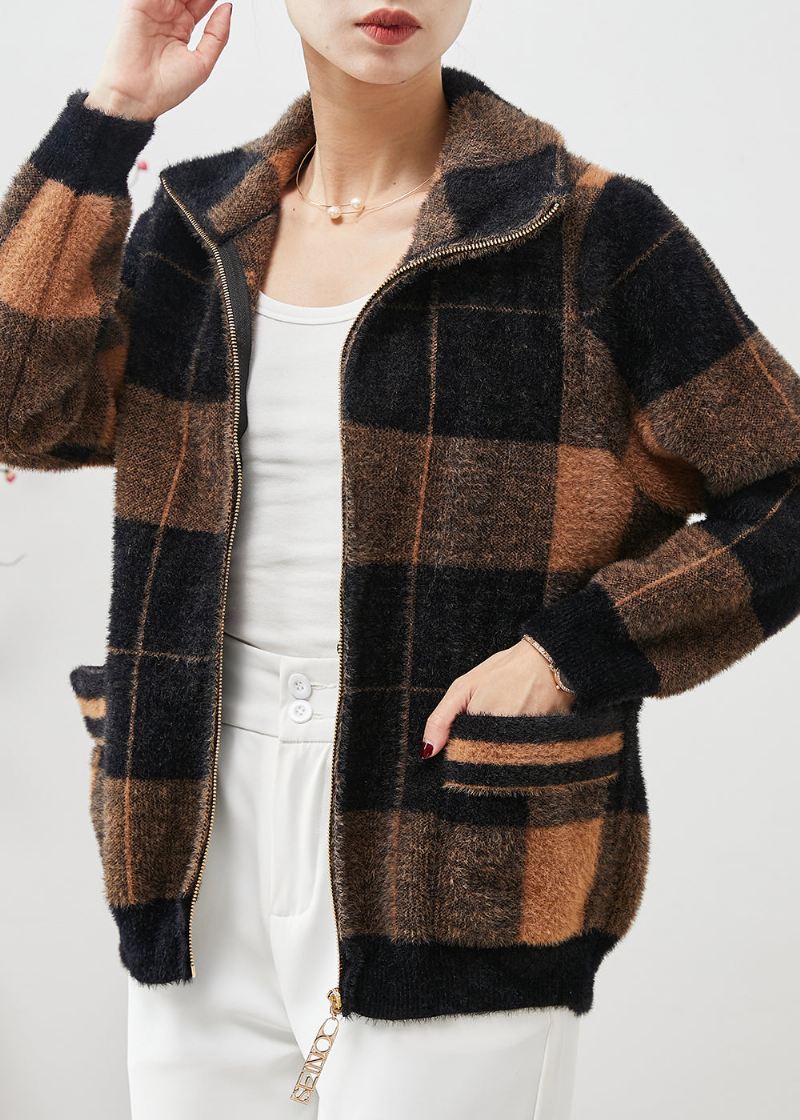 Plus Size Colorblock Zip Up Plaid Mink Velvet Coats Spring - Vinterfrakker for kvinner