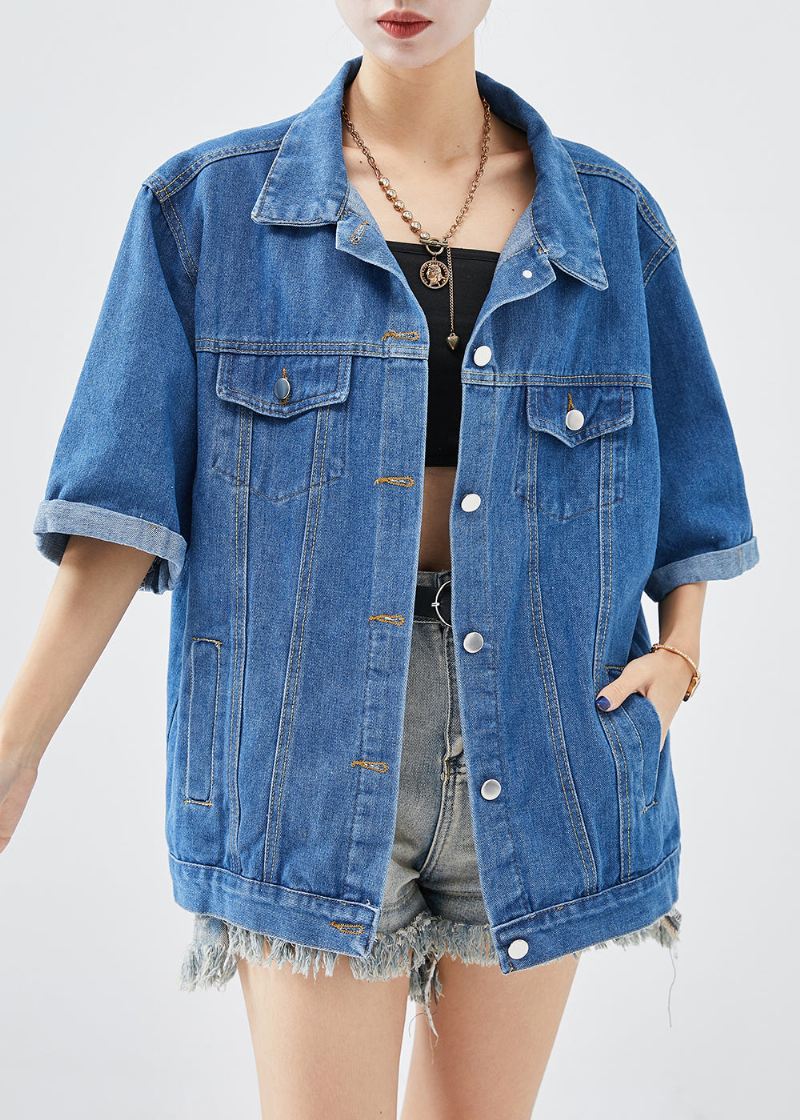 Plus Size Denim Blue Oversized Cotton Coats Half Sleeve - Vinterfrakker for kvinner