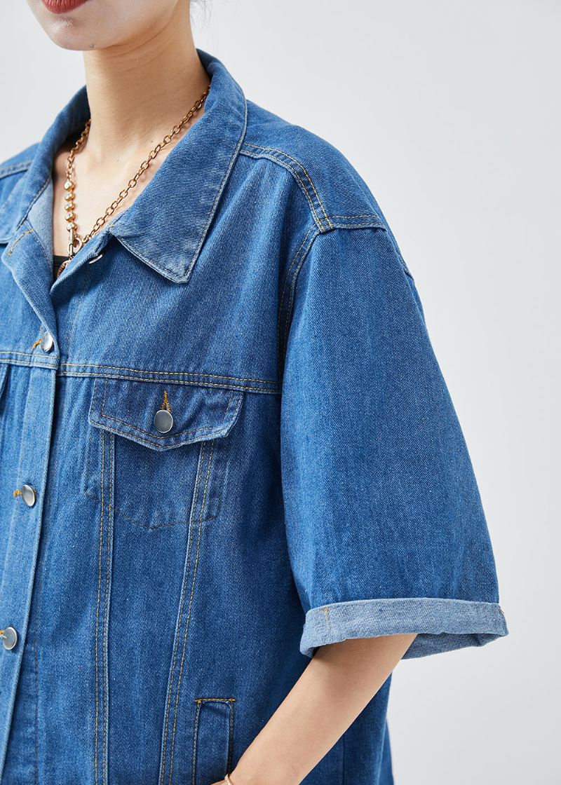 Plus Size Denim Blue Oversized Cotton Coats Half Sleeve - Vinterfrakker for kvinner