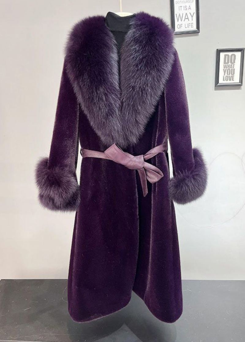 Plus Size Dull Purple Fox Krage Tie Midje Mink Velvet Trench Winter