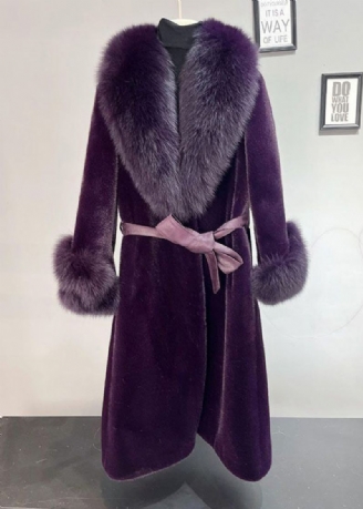 Plus Size Dull Purple Fox Krage Tie Midje Mink Velvet Trench Winter