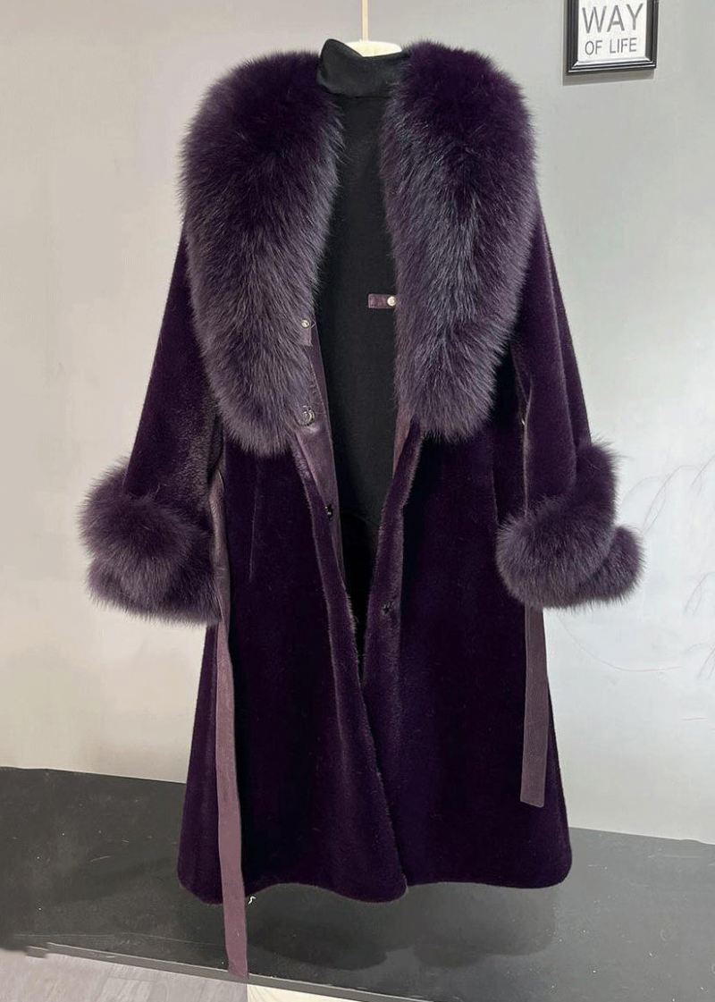 Plus Size Dull Purple Fox Krage Tie Midje Mink Velvet Trench Winter - Vinterfrakker for kvinner