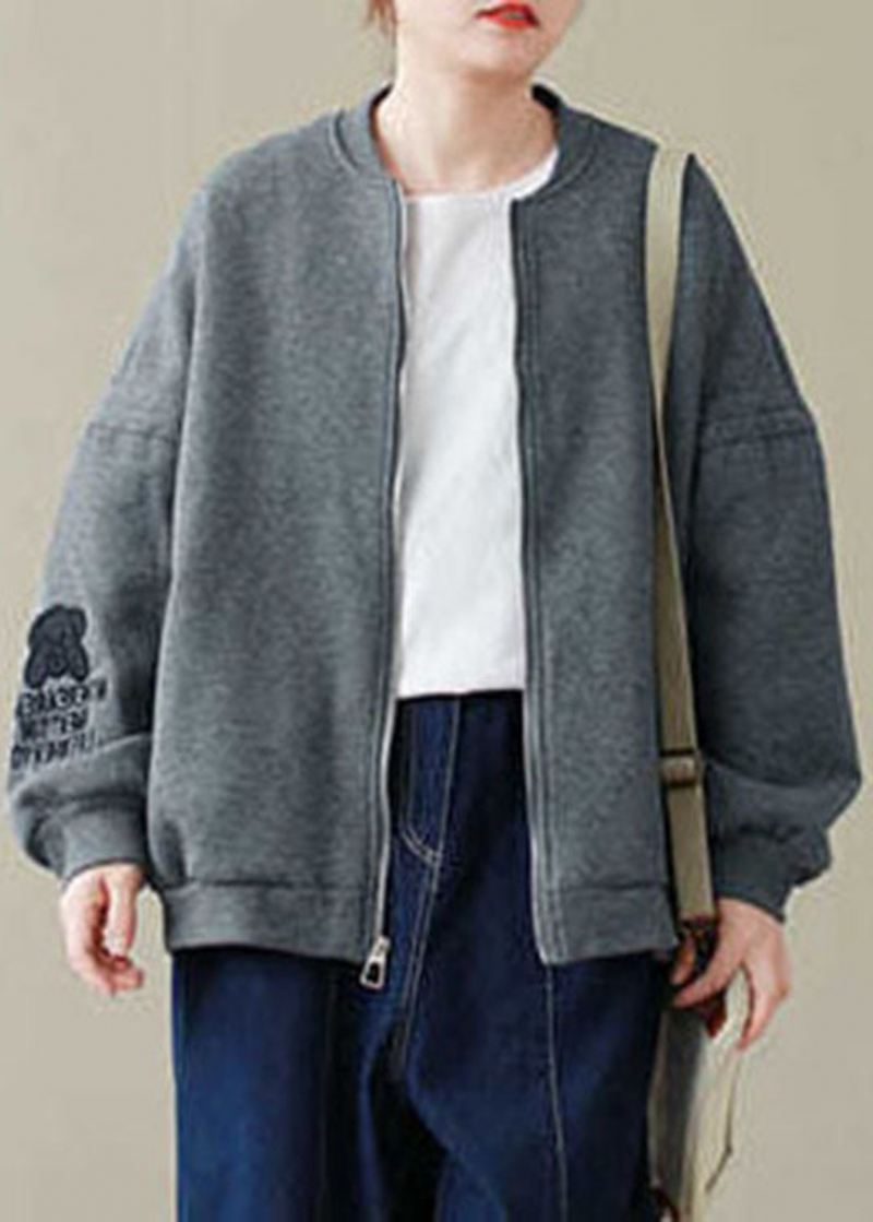 Plus Size French Grey Zip Up Loose Jacket Spring - Vinterfrakker for kvinner