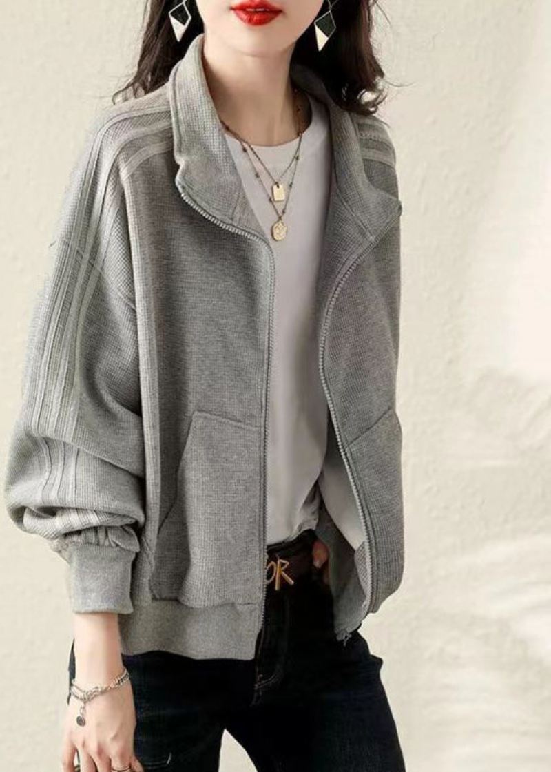 Plus Size Grå Oversized Cotton Sweatshirt Coat Fall