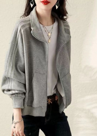 Plus Size Grå Oversized Cotton Sweatshirt Coat Fall