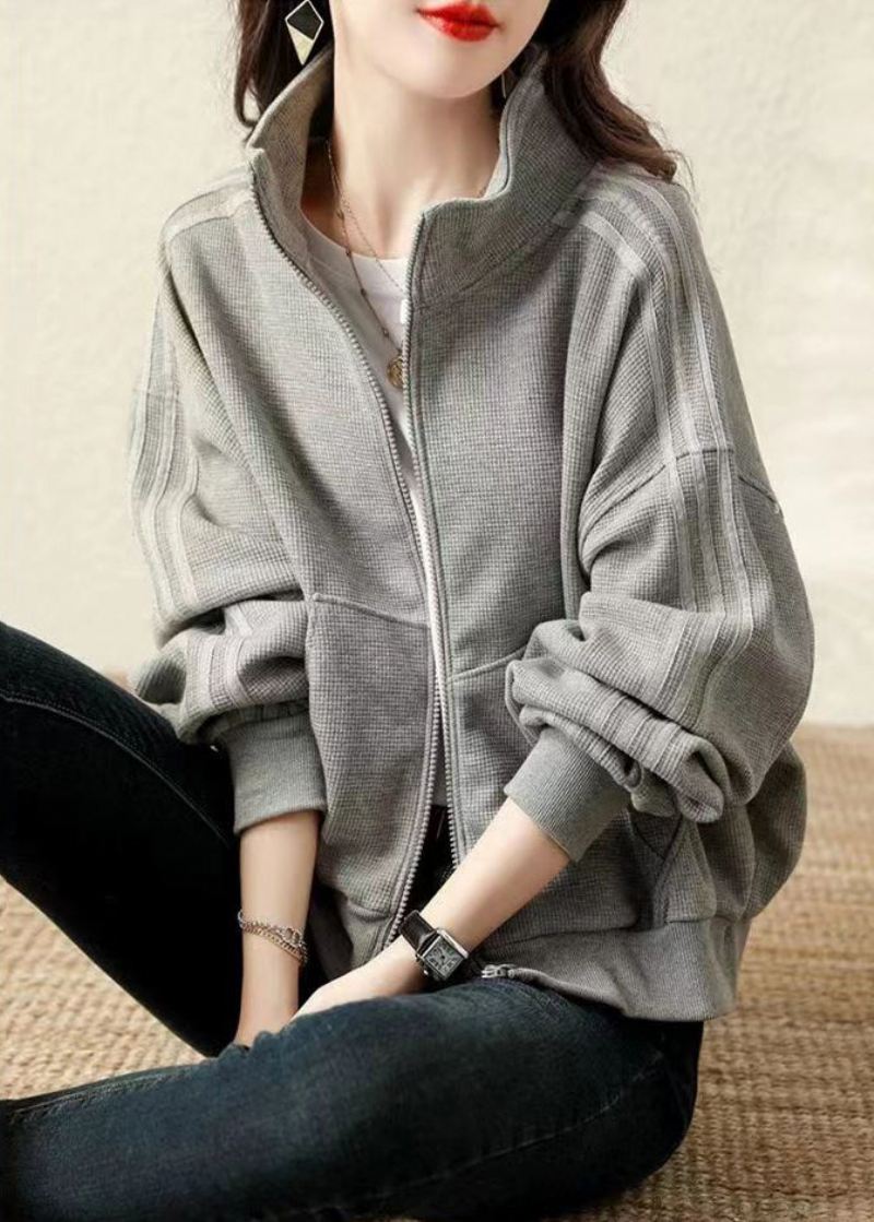 Plus Size Grå Oversized Cotton Sweatshirt Coat Fall - Vinterfrakker for kvinner