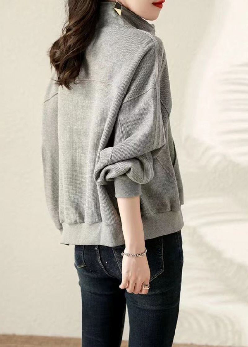 Plus Size Grå Oversized Cotton Sweatshirt Coat Fall - Vinterfrakker for kvinner