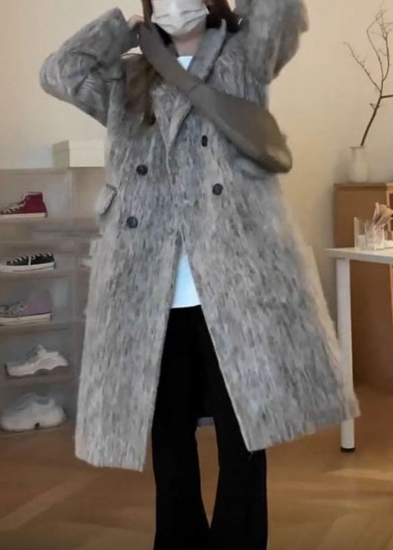 Plus Size Grå Peter Pan Kragelommer Patchwork Ma Hai Mao Coat Vinter - Vinterfrakker for kvinner