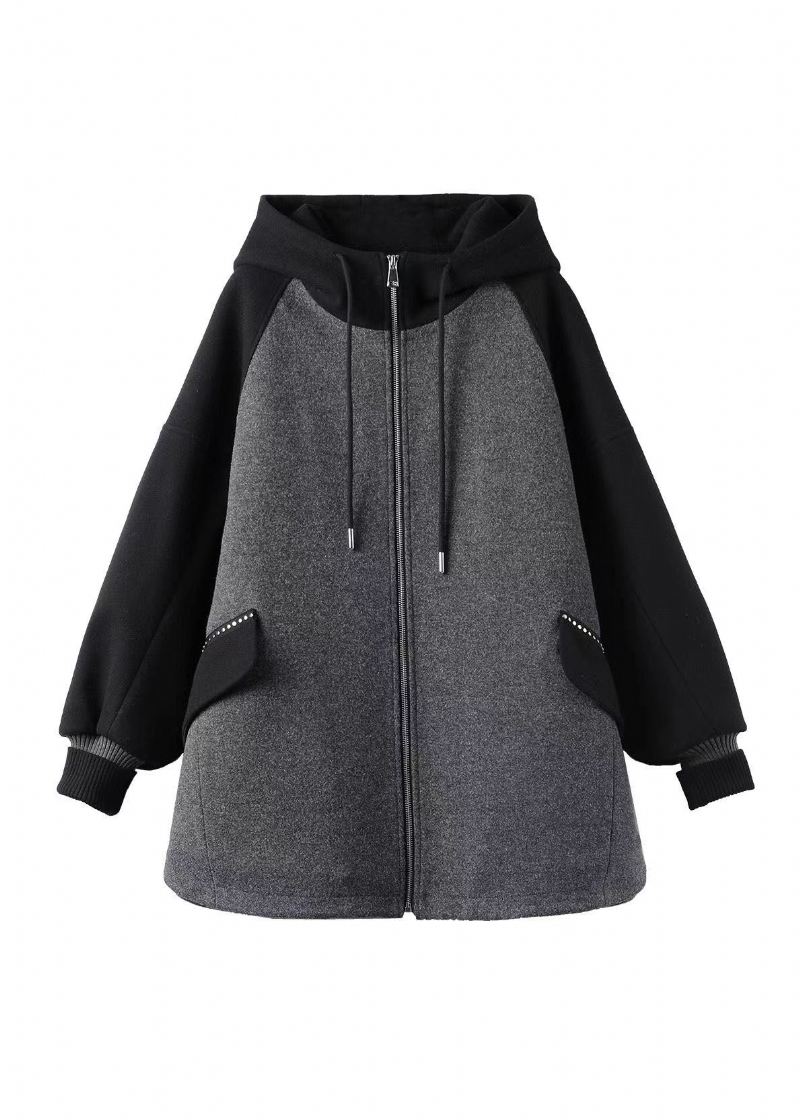 Plus Size Grå Zip Up Lommer Patchwork Fin Bomullsfylt Hettefrakk Fall - Vinterfrakker for kvinner