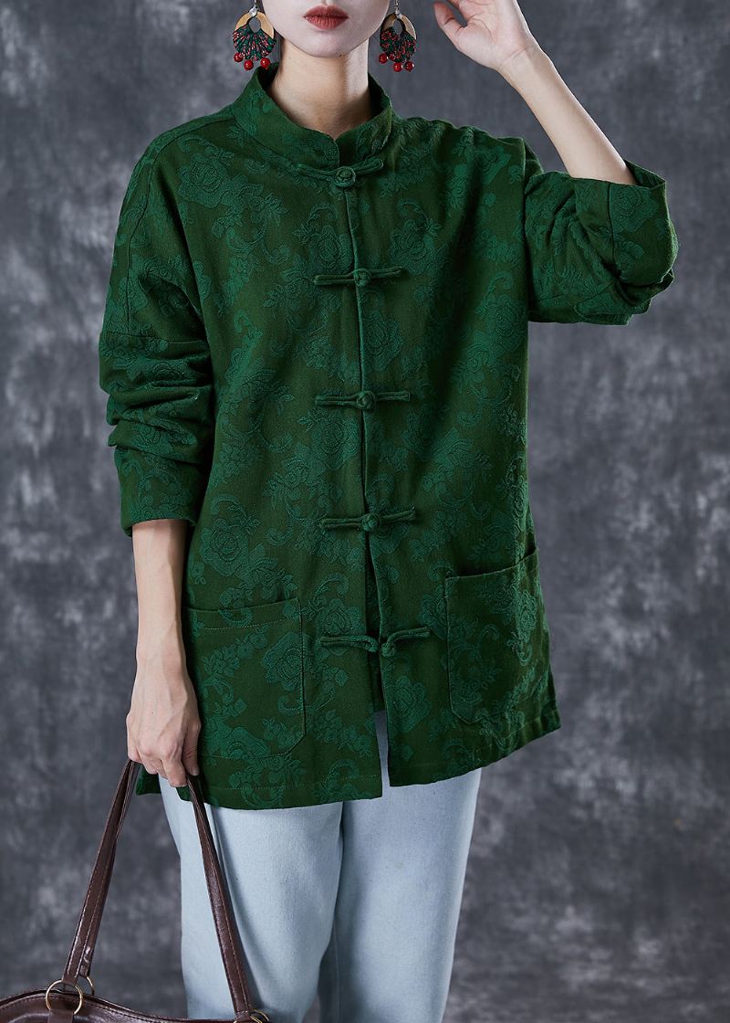 Plus Size Grønn Jacquard Kinesisk Button Cotton Coats Fall