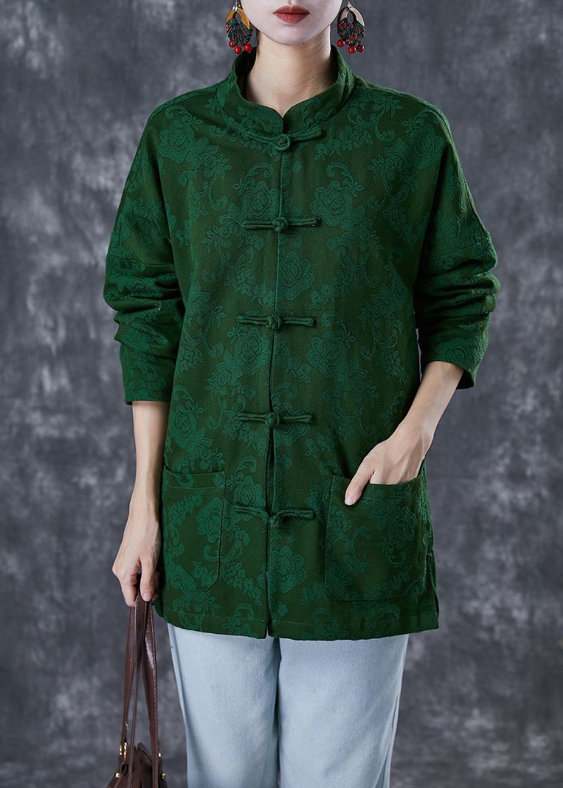 Plus Size Grønn Jacquard Kinesisk Button Cotton Coats Fall - Vinterfrakker for kvinner