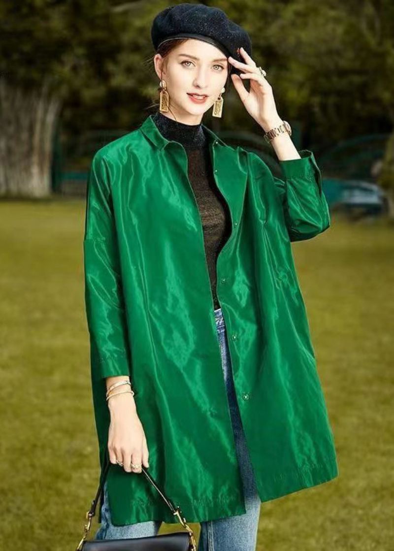 Plus Size Grønn Peter Pan Krage Slitasje På Begge Sider Patchwork Silk Coat Fall