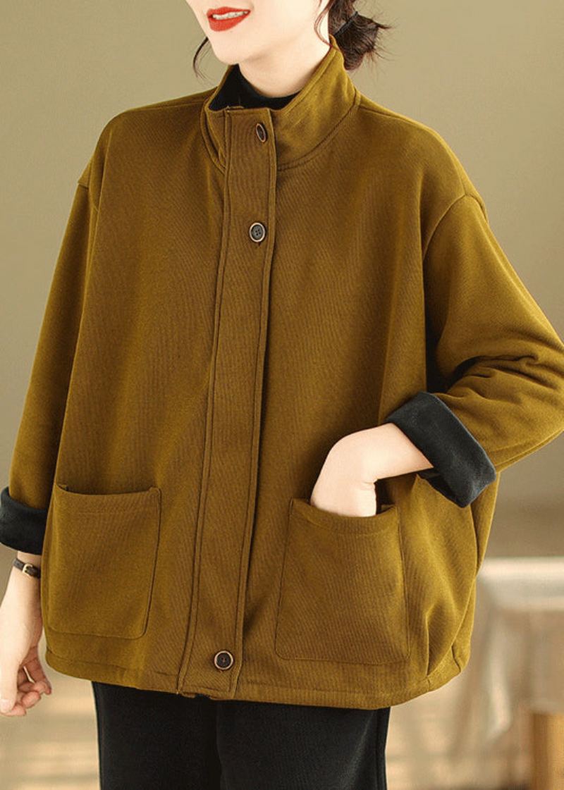 Plus Size Gule Zip Up Lommer Patchwork Varm Fleece Coat Høst