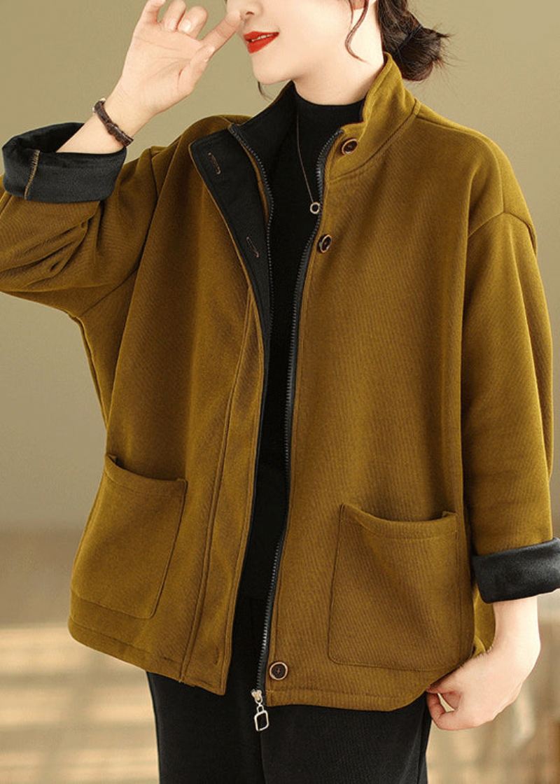 Plus Size Gule Zip Up Lommer Patchwork Varm Fleece Coat Høst - Vinterfrakker for kvinner