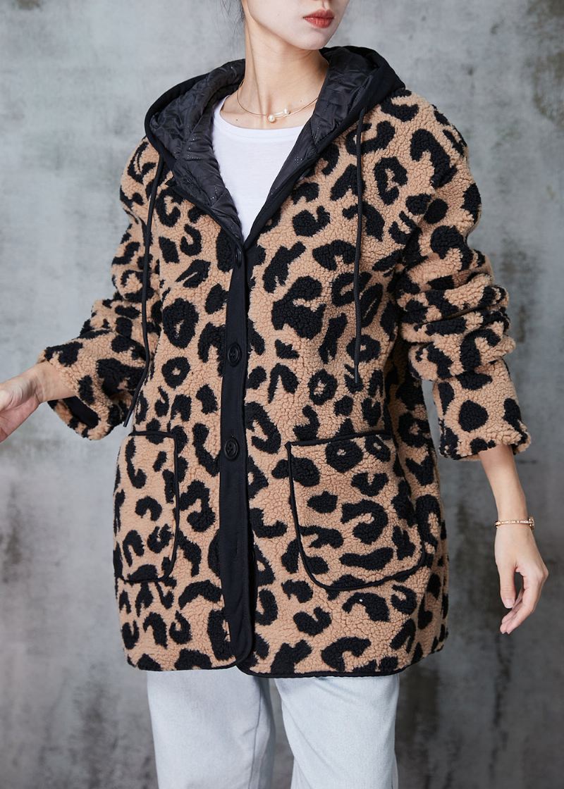 Plus Size Khaki Hette Leopard Print Fin Bomull Fylt Fuskepels Frakk Vinter - Vinterfrakker for kvinner