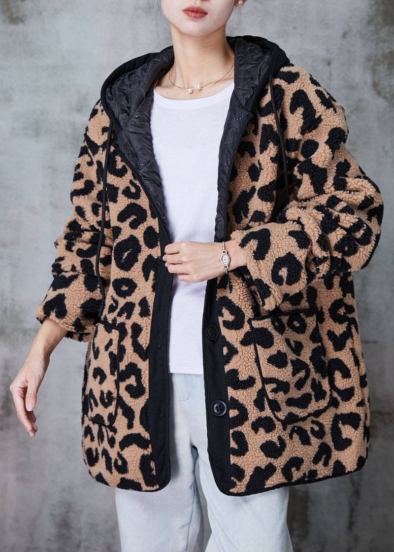 Plus Size Khaki Hette Leopard Print Fin Bomull Fylt Fuskepels Frakk Vinter - Vinterfrakker for kvinner