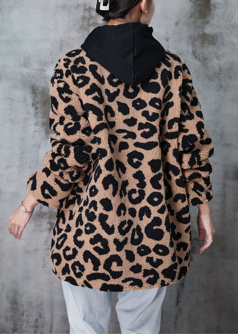 Plus Size Khaki Hette Leopard Print Fin Bomull Fylt Fuskepels Frakk Vinter - Vinterfrakker for kvinner