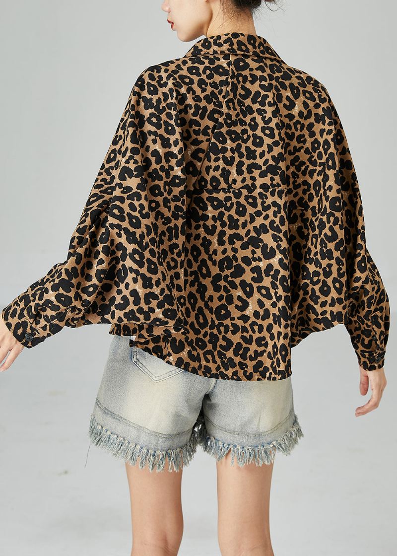 Plus Size Khaki Oversized Leopard Print Cotton Coat Batwing Sleeve - Vinterfrakker for kvinner